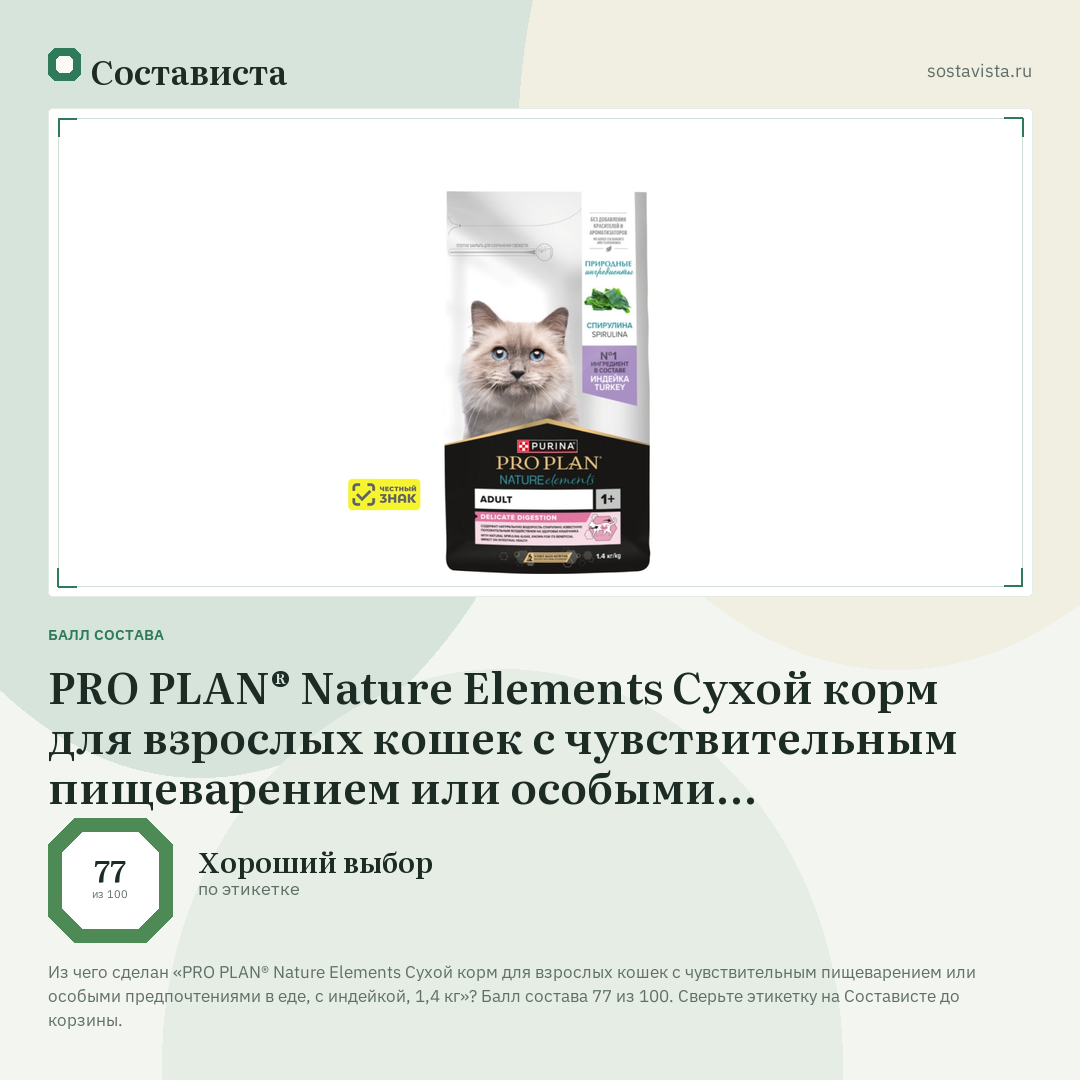 PRO PLAN® Nature Elements Сухой корм для взрослых кошек с чувствительным пищеварением или особыми предпочтениями в еде, с индейкой, 1,4 кг: балл состава 77 из 100 — Состависта