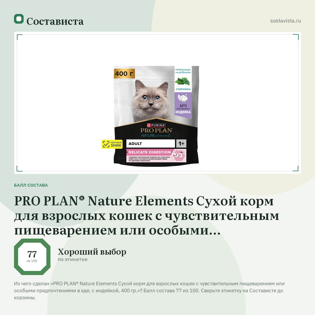 PRO PLAN® Nature Elements Сухой корм для взрослых кошек с чувствительным пищеварением или особыми предпочтениями в еде, с индейкой, 400 гр.: балл состава 77 из 100 — Состависта