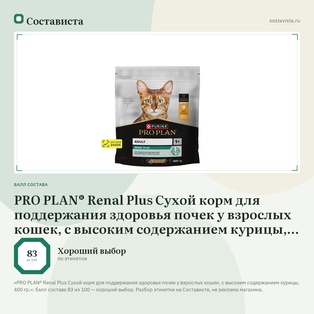 PRO PLAN® Renal Plus Сухой корм для поддержания здоровья почек у взрослых кошек, с высоким содержанием курицы, 400 гр.: балл состава 83 из 100 — Состависта
