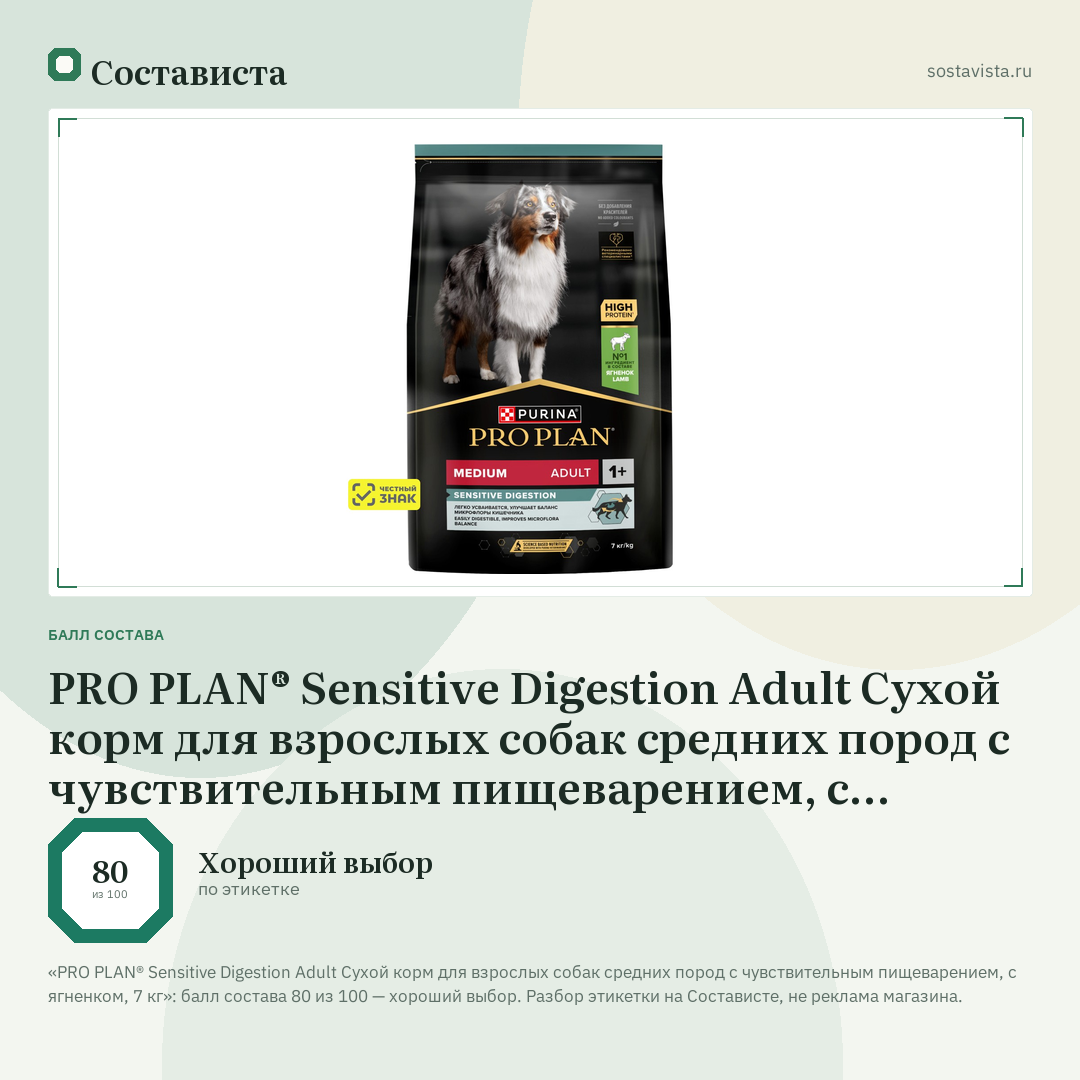 PRO PLAN® Sensitive Digestion Adult Сухой корм для взрослых собак средних пород с чувствительным пищеварением, с ягненком, 7 кг: балл состава 80 из 100 — Состависта