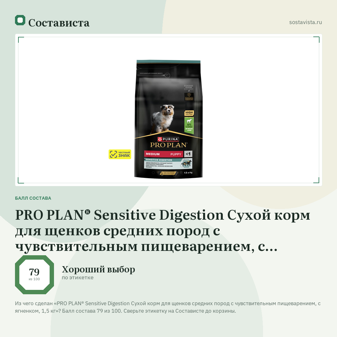 PRO PLAN® Sensitive Digestion Сухой корм для щенков средних пород с чувствительным пищеварением, с ягненком, 1,5 кг: балл состава 79 из 100 — Состависта