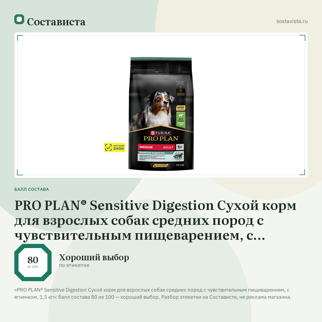PRO PLAN® Sensitive Digestion Сухой корм для взрослых собак средних пород с чувствительным пищеварением, с ягненком, 1,5 кг: балл состава 80 из 100 — Состависта