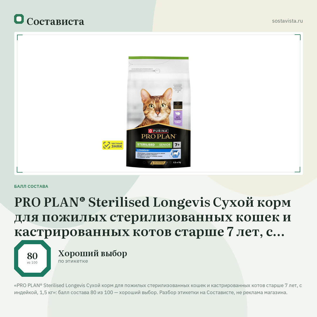 PRO PLAN® Sterilised Longevis Сухой корм для пожилых стерилизованных кошек и кастрированных котов старше 7 лет, с индейкой, 1,5 кг: балл состава 80 из 100 — Состависта