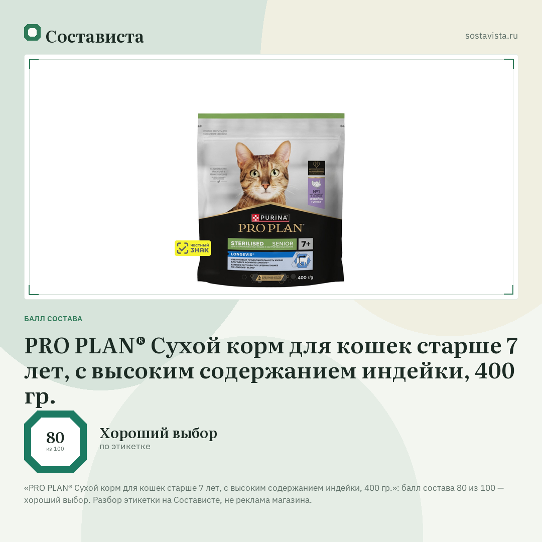 PRO PLAN® Сухой корм для кошек старше 7 лет, с высоким содержанием индейки, 400 гр.: балл состава 80 из 100 — Состависта