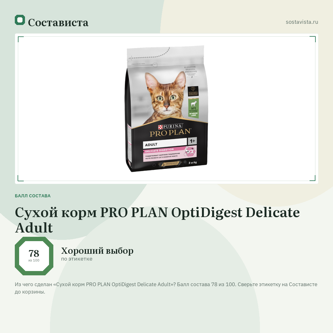 Сухой корм PRO PLAN OptiDigest Delicate Adult: балл состава 78 из 100 — Состависта