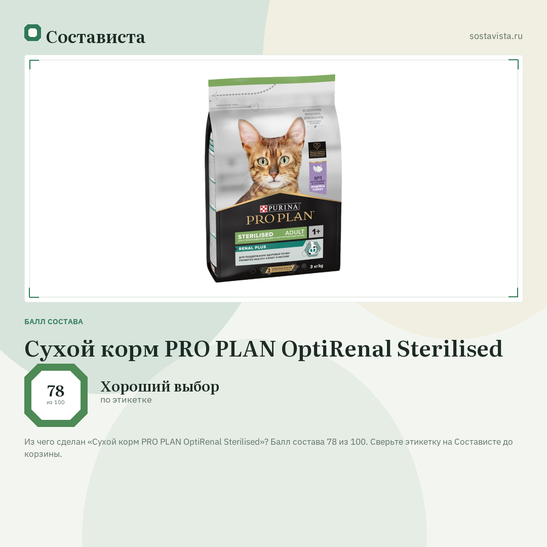 Сухой корм PRO PLAN OptiRenal Sterilised: балл состава 78 из 100 — Состависта
