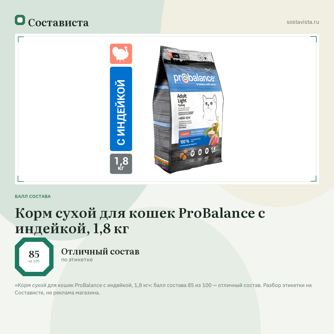 Корм сухой для кошек ProBalance с индейкой, 1,8 кг: балл состава 85 из 100 — Состависта