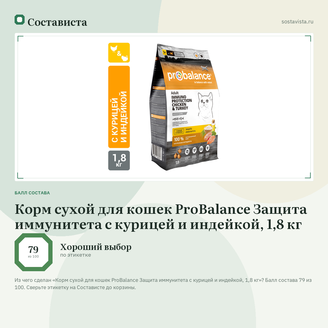 Корм сухой для кошек ProBalance Защита иммунитета с курицей и индейкой, 1,8 кг: балл состава 79 из 100 — Состависта