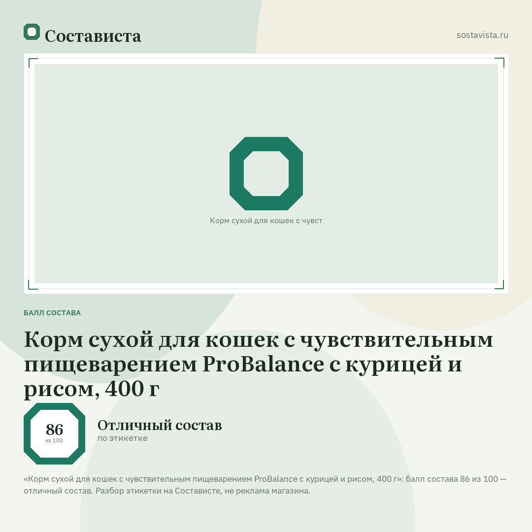 Корм сухой для кошек с чувствительным пищеварением ProBalance с курицей и рисом, 400 г: балл состава 86 из 100 — Состависта