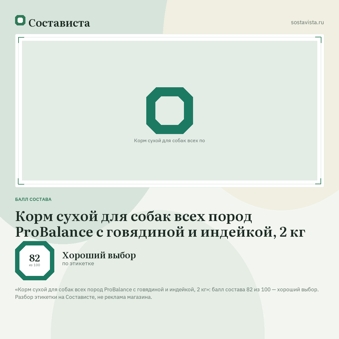 Корм сухой для собак всех пород ProBalance с говядиной и индейкой, 2 кг: балл состава 82 из 100 — Состависта