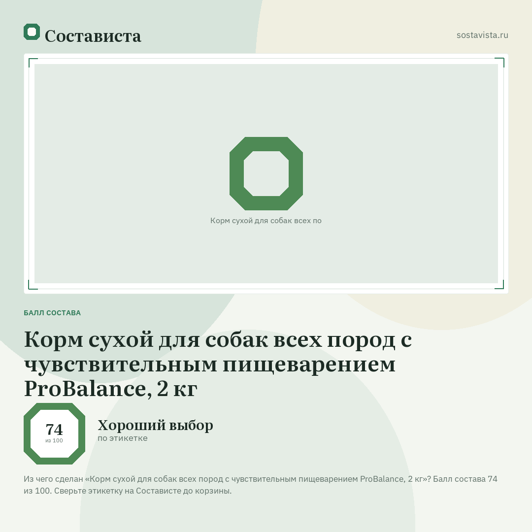 Корм сухой для собак всех пород с чувствительным пищеварением ProBalance, 2 кг: балл состава 74 из 100 — Состависта
