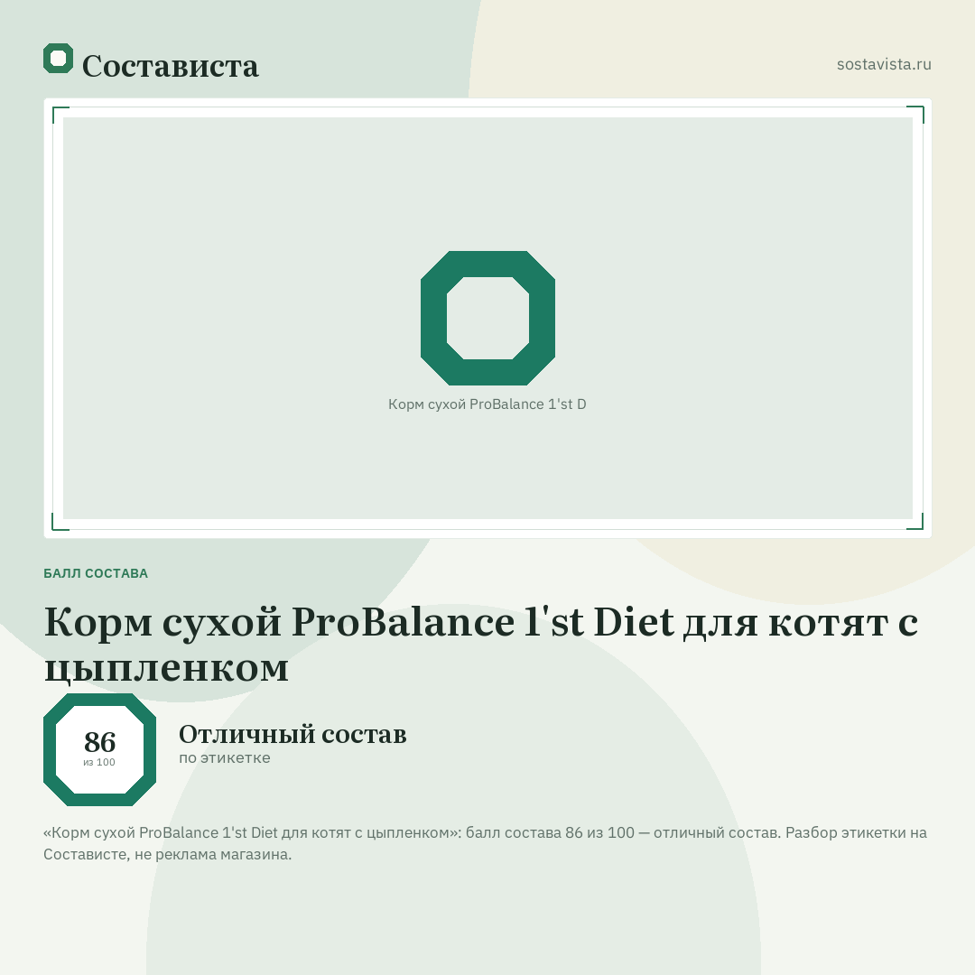 Корм сухой ProBalance 1'st Diet для котят с цыпленком: балл состава 86 из 100 — Состависта