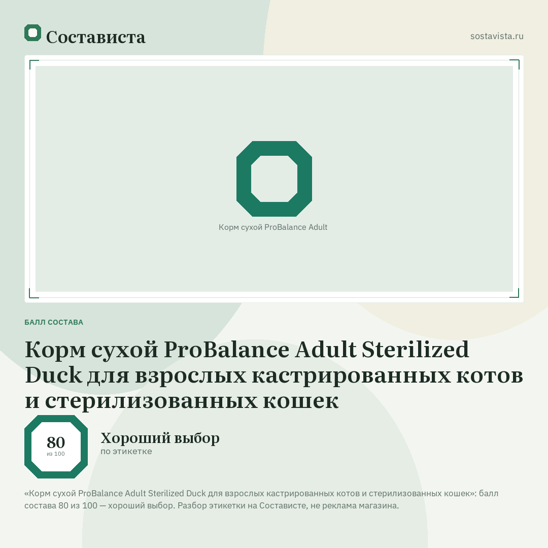 Корм сухой ProBalance Adult Sterilized Duck для взрослых кастрированных котов и стерилизованных кошек: балл состава 80 из 100 — Состависта