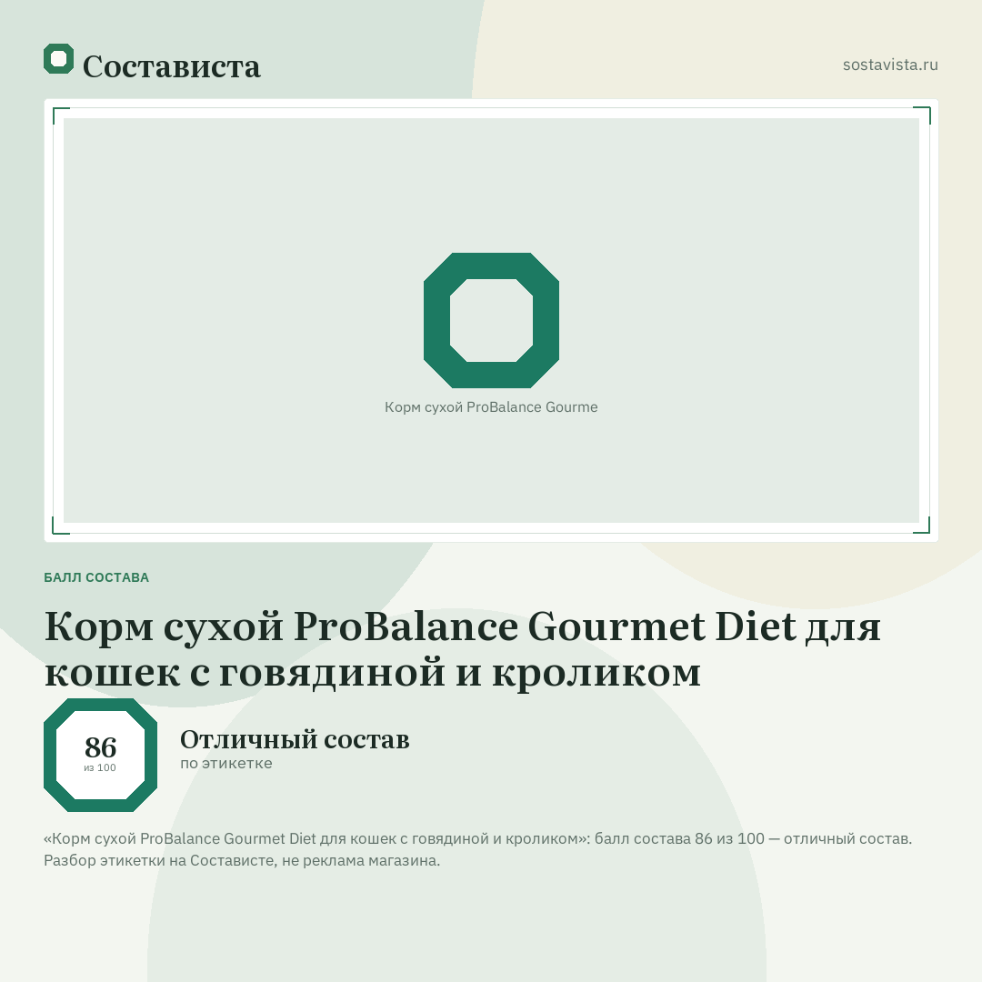 Корм сухой ProBalance Gourmet Diet для кошек с говядиной и кроликом: балл состава 86 из 100 — Состависта