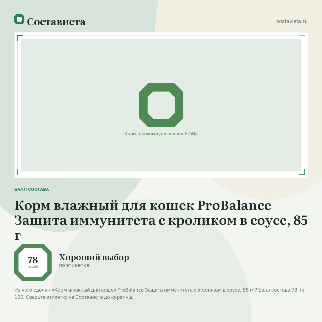 Корм влажный для кошек ProBalance Защита иммунитета с кроликом в соусе, 85 г: балл состава 78 из 100 — Состависта