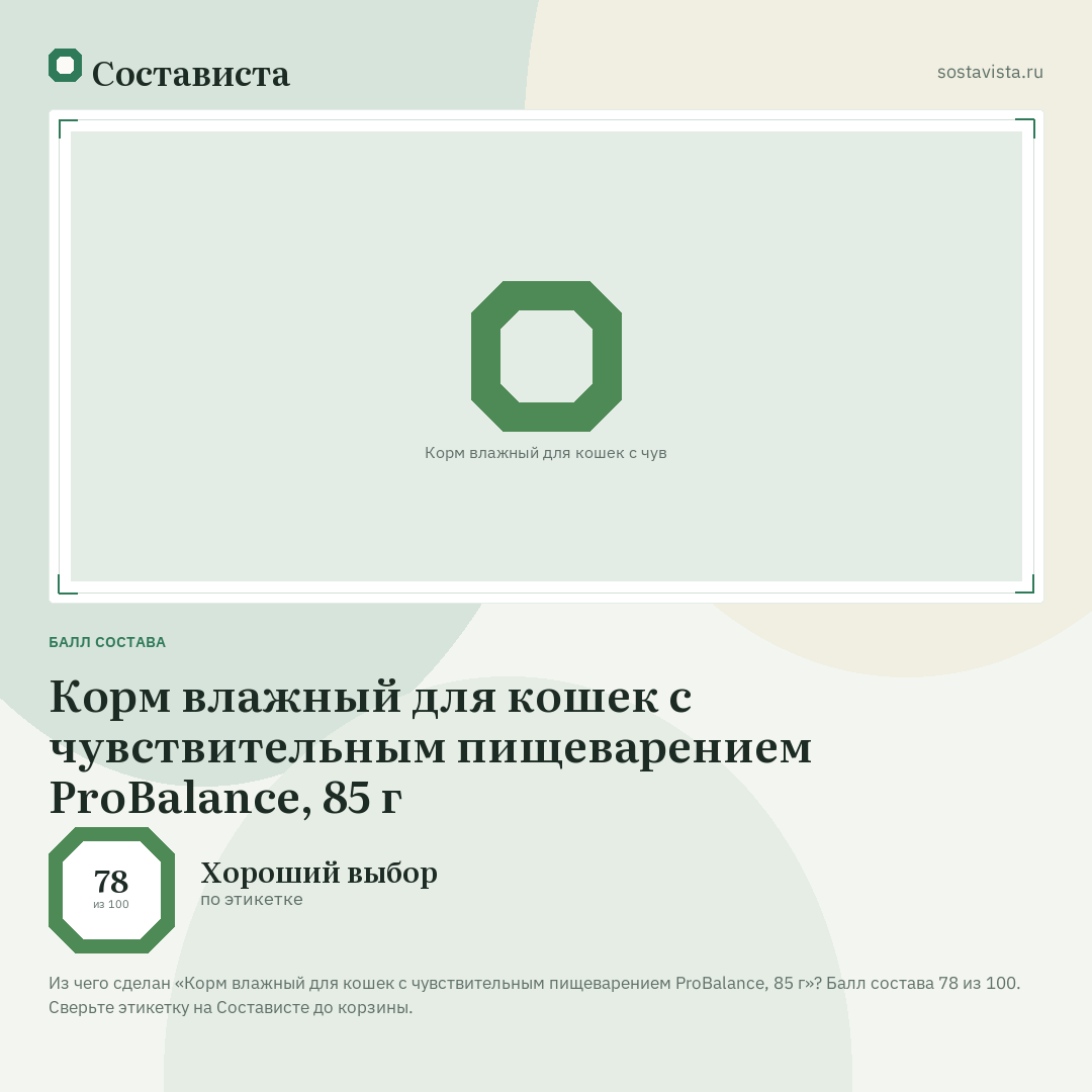 Корм влажный для кошек с чувствительным пищеварением ProBalance, 85 г: балл состава 78 из 100 — Состависта