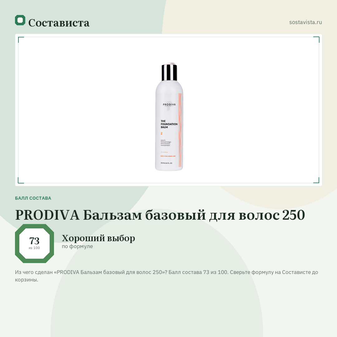 PRODIVA Бальзам базовый для волос 250: балл состава 73 из 100 — Состависта