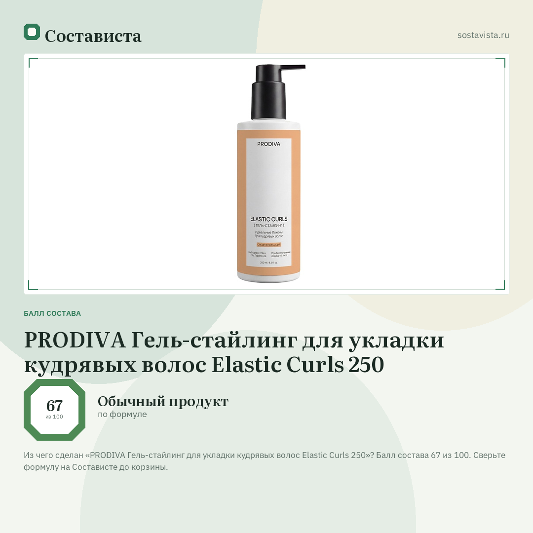 PRODIVA Гель-стайлинг для укладки кудрявых волос Elastic Curls 250: балл состава 67 из 100 — Состависта