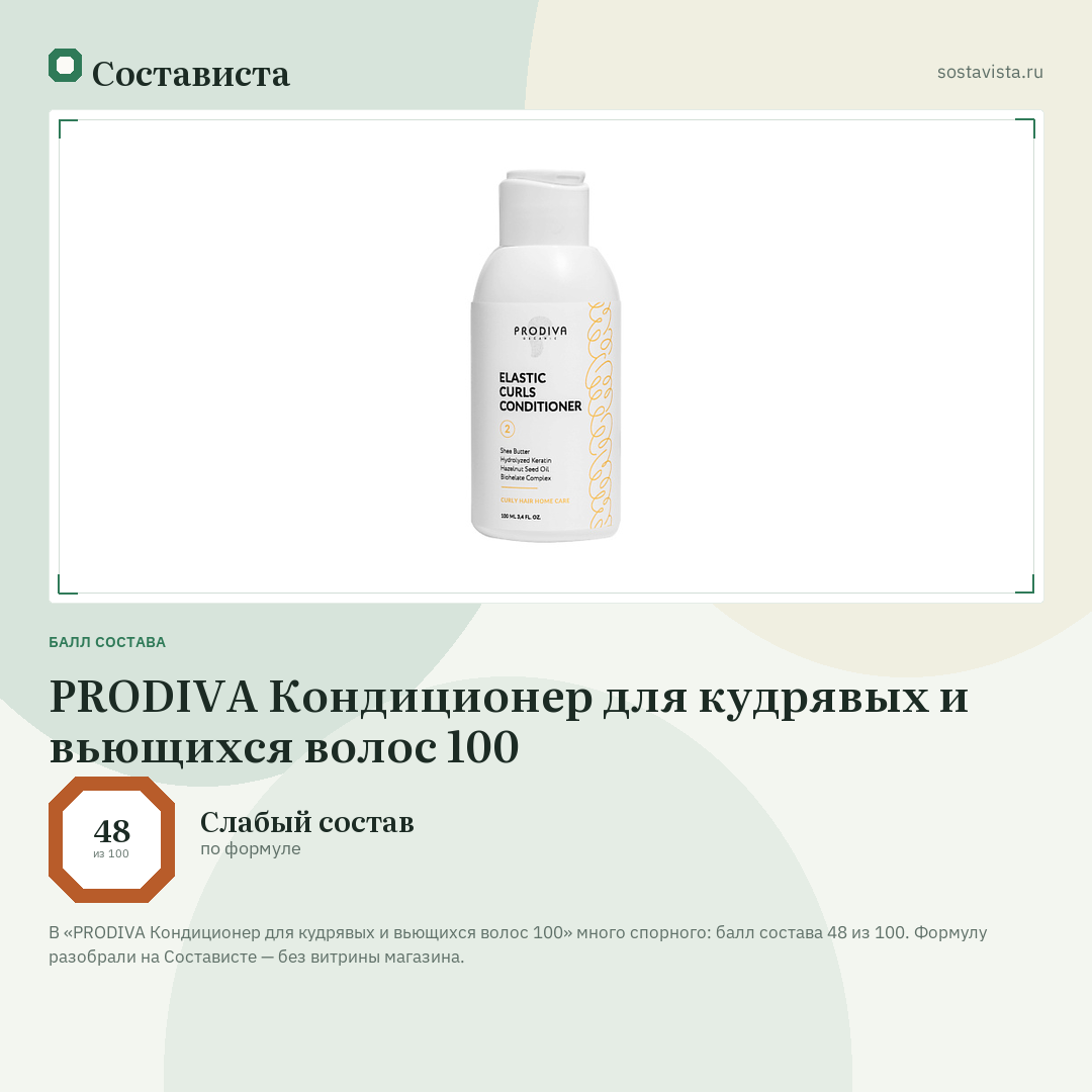 PRODIVA Кондиционер для кудрявых и вьющихся волос 100: балл состава 48 из 100 — Состависта