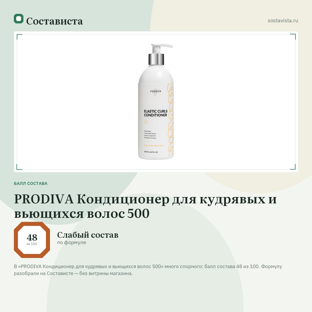 PRODIVA Кондиционер для кудрявых и вьющихся волос 500: балл состава 48 из 100 — Состависта