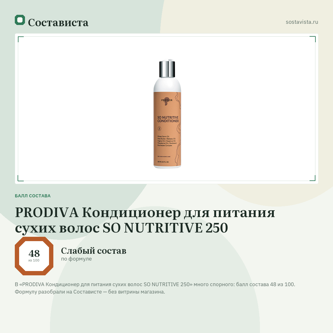 PRODIVA Кондиционер для питания сухих волос SO NUTRITIVE 250: балл состава 48 из 100 — Состависта