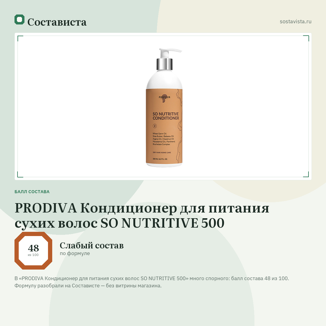 PRODIVA Кондиционер для питания сухих волос SO NUTRITIVE 500: балл состава 48 из 100 — Состависта