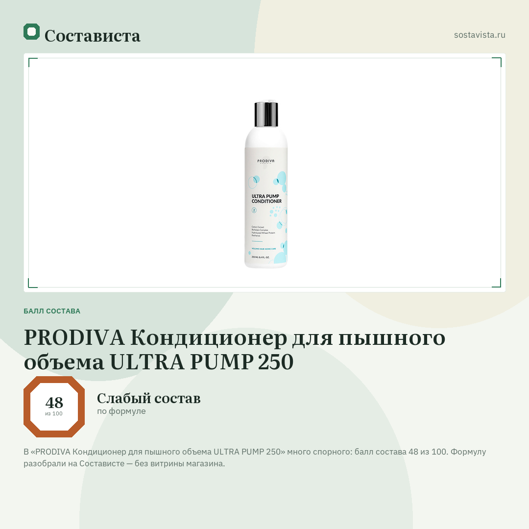 PRODIVA Кондиционер для пышного объема ULTRA PUMP 250: балл состава 48 из 100 — Состависта