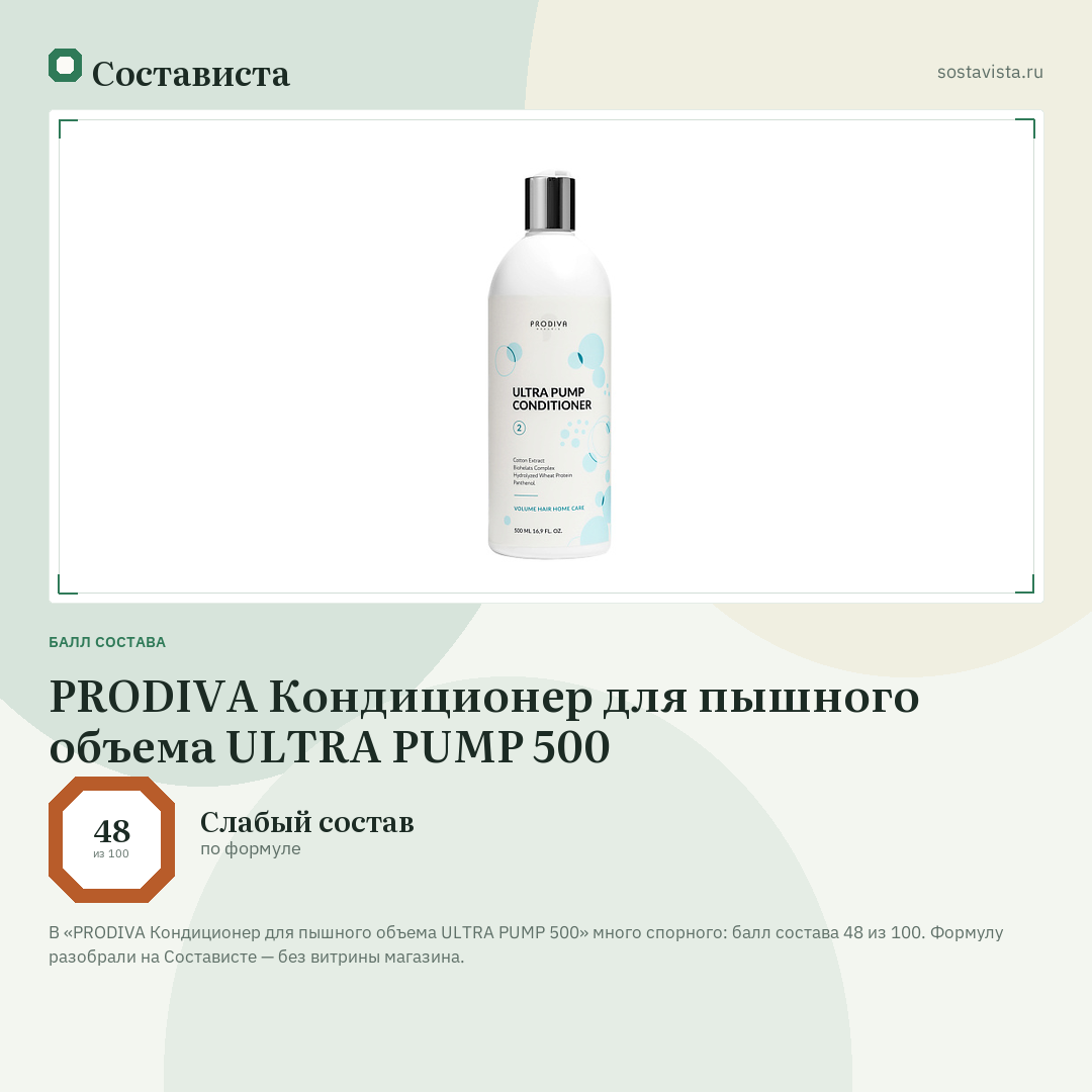 PRODIVA Кондиционер для пышного объема ULTRA PUMP 500: балл состава 48 из 100 — Состависта