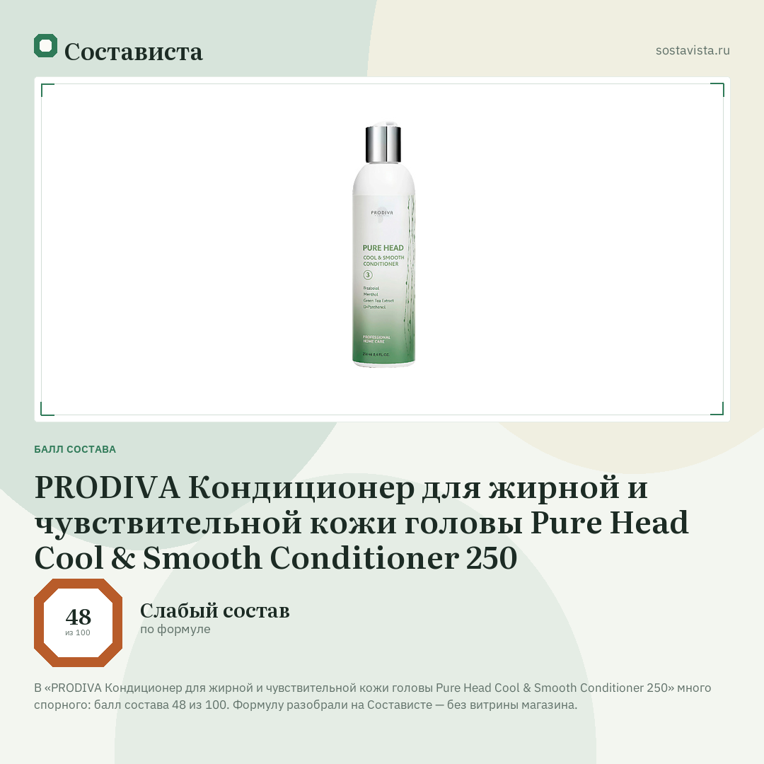 PRODIVA Кондиционер для жирной и чувствительной кожи головы Pure Head Cool & Smooth Conditioner 250: балл состава 48 из 100 — Состависта