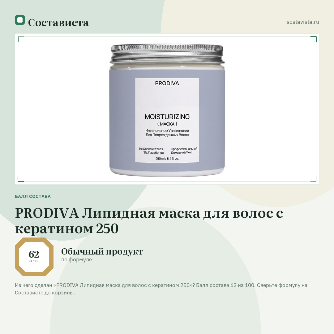 PRODIVA Липидная маска для волос с кератином 250: балл состава 62 из 100 — Состависта