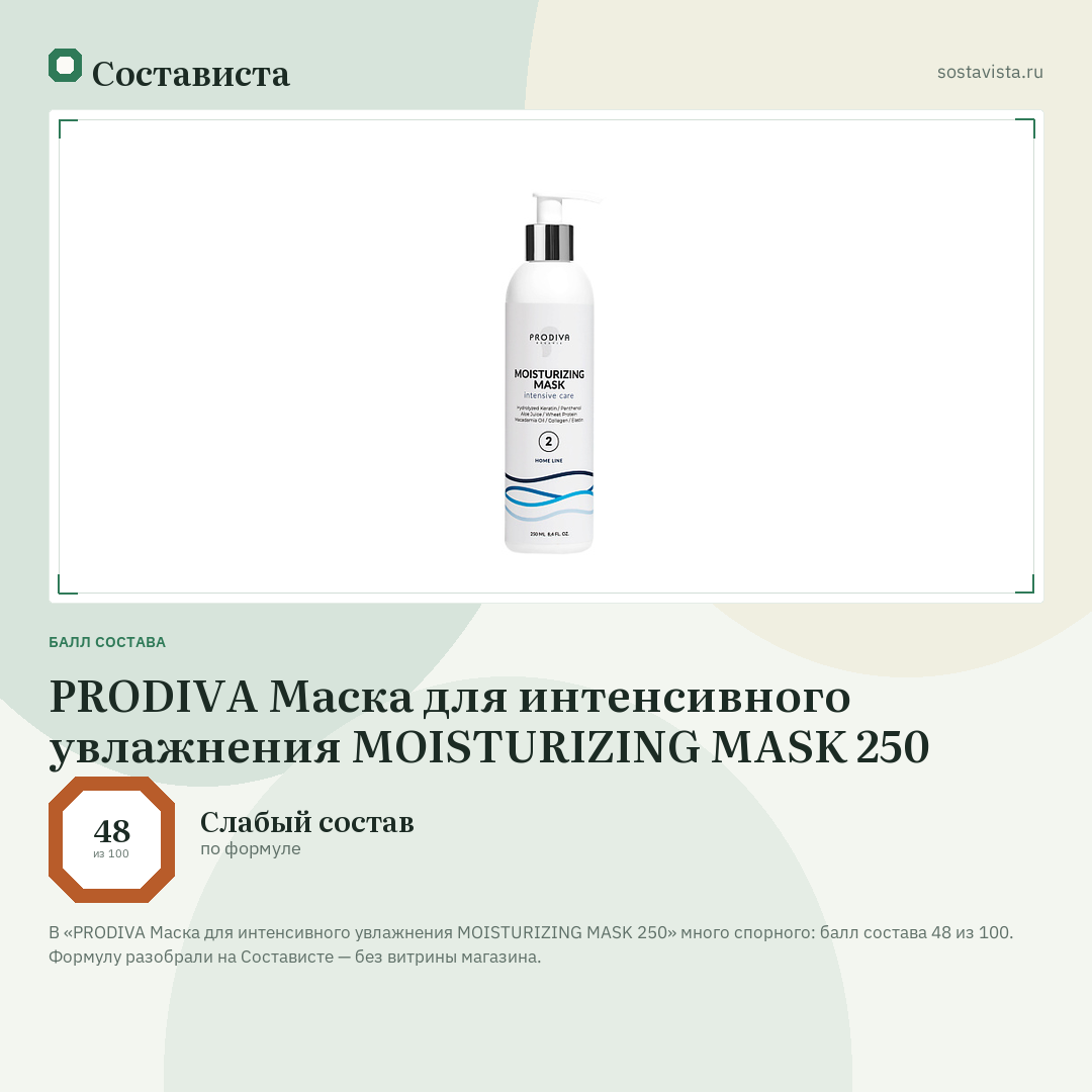 PRODIVA Маска для интенсивного увлажнения MOISTURIZING MASK 250: балл состава 48 из 100 — Состависта