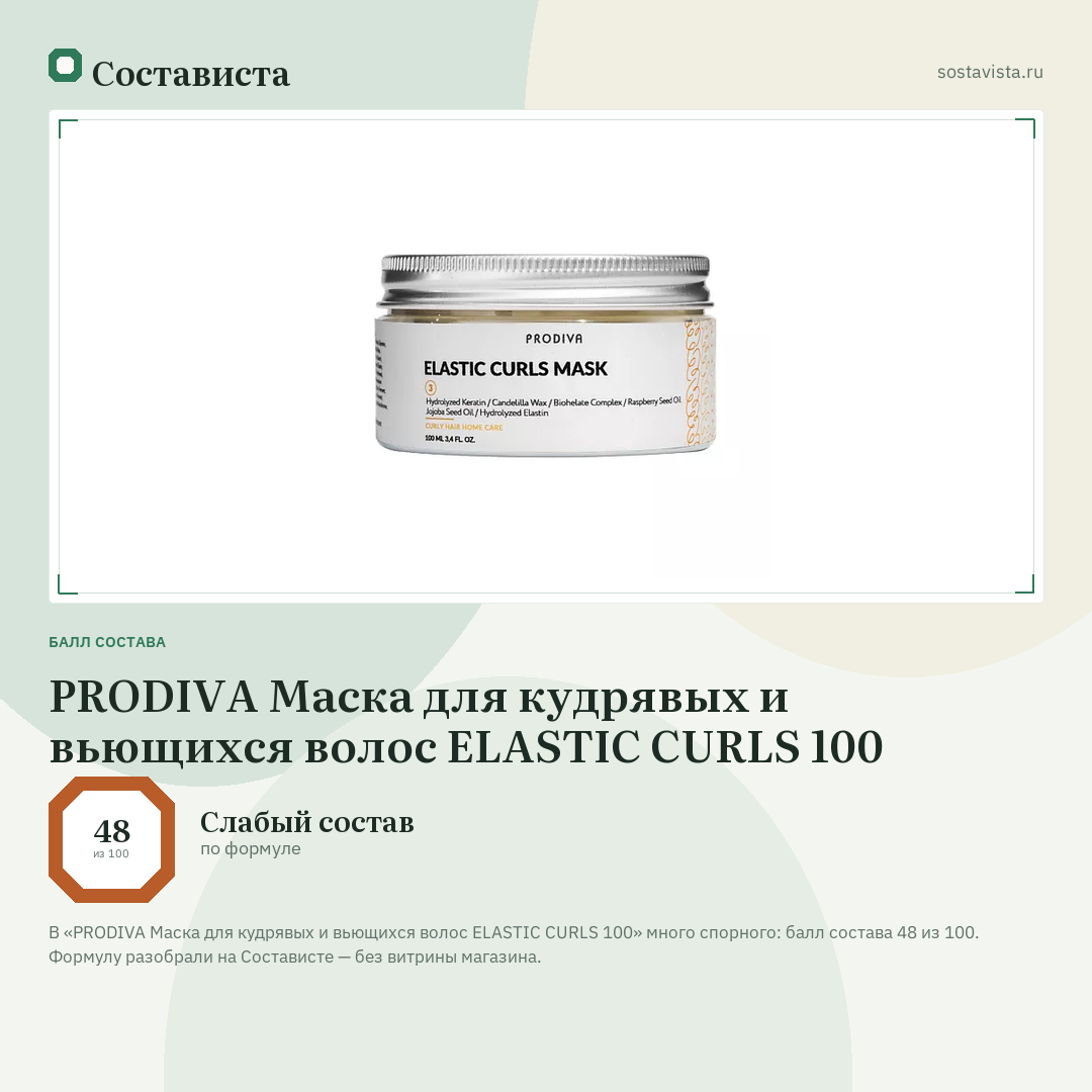 PRODIVA Маска для кудрявых и вьющихся волос ELASTIC CURLS 100: балл состава 48 из 100 — Состависта