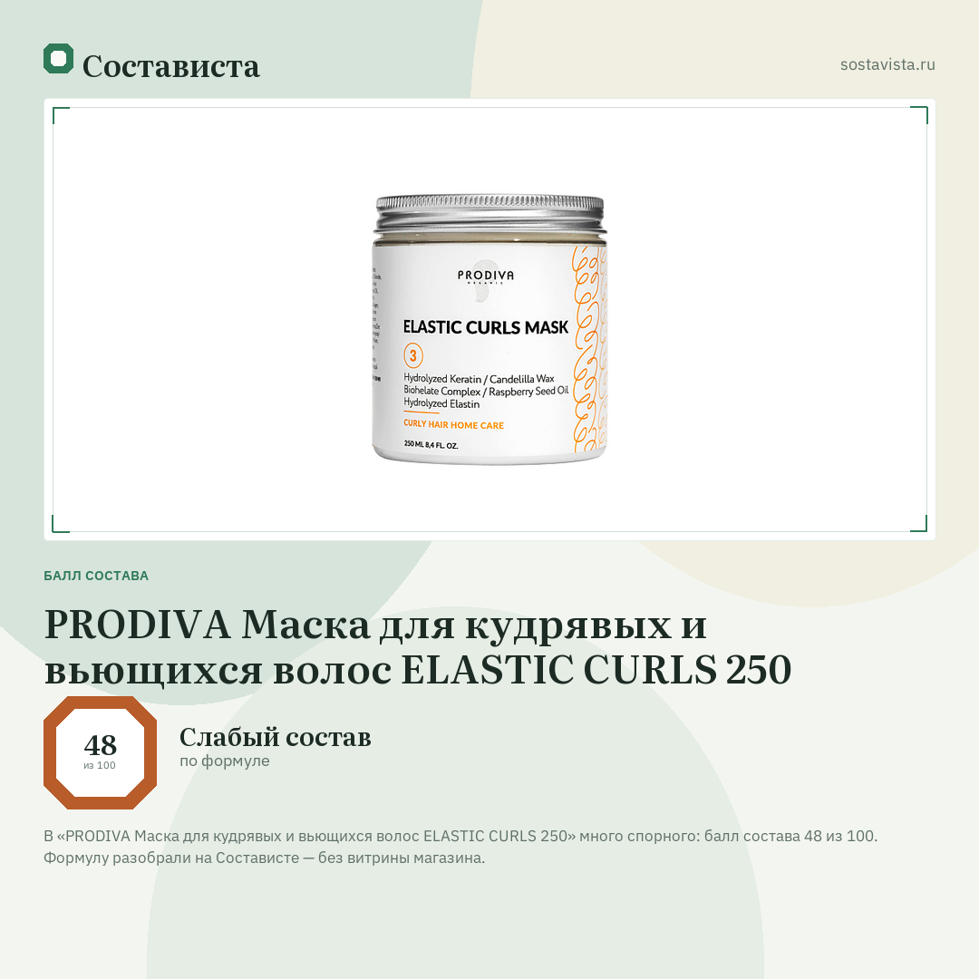 PRODIVA Маска для кудрявых и вьющихся волос ELASTIC CURLS 250: балл состава 48 из 100 — Состависта