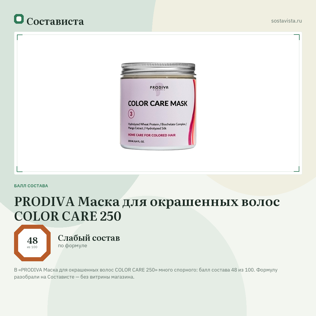 PRODIVA Маска для окрашенных волос COLOR CARE 250: балл состава 48 из 100 — Состависта