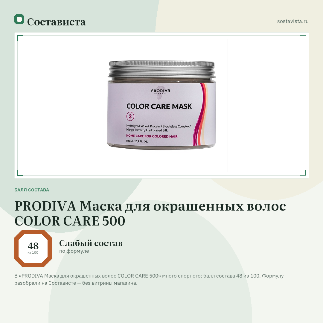 PRODIVA Маска для окрашенных волос COLOR CARE 500: балл состава 48 из 100 — Состависта