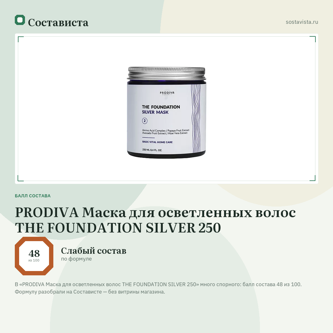 PRODIVA Маска для осветленных волос THE FOUNDATION SILVER 250: балл состава 48 из 100 — Состависта