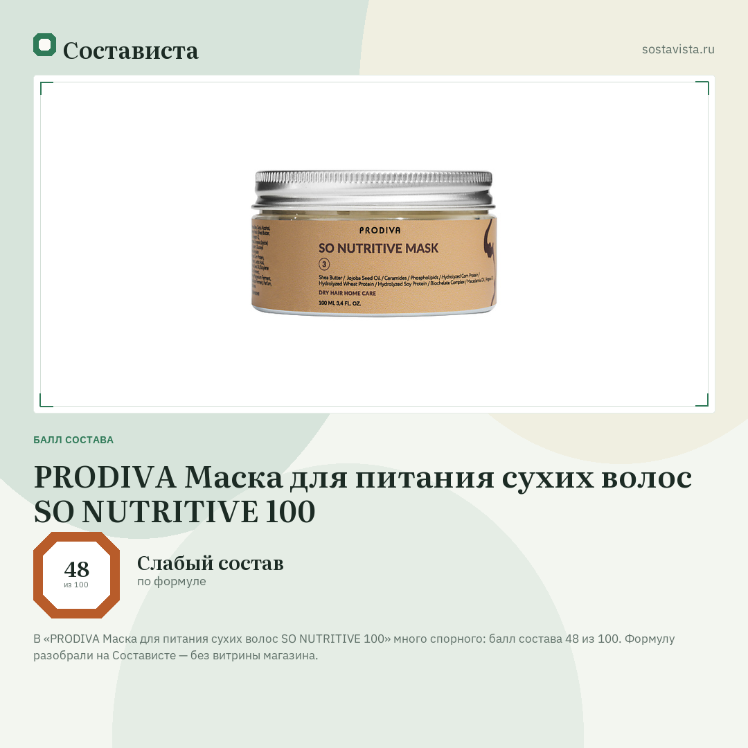 PRODIVA Маска для питания сухих волос SO NUTRITIVE 100: балл состава 48 из 100 — Состависта