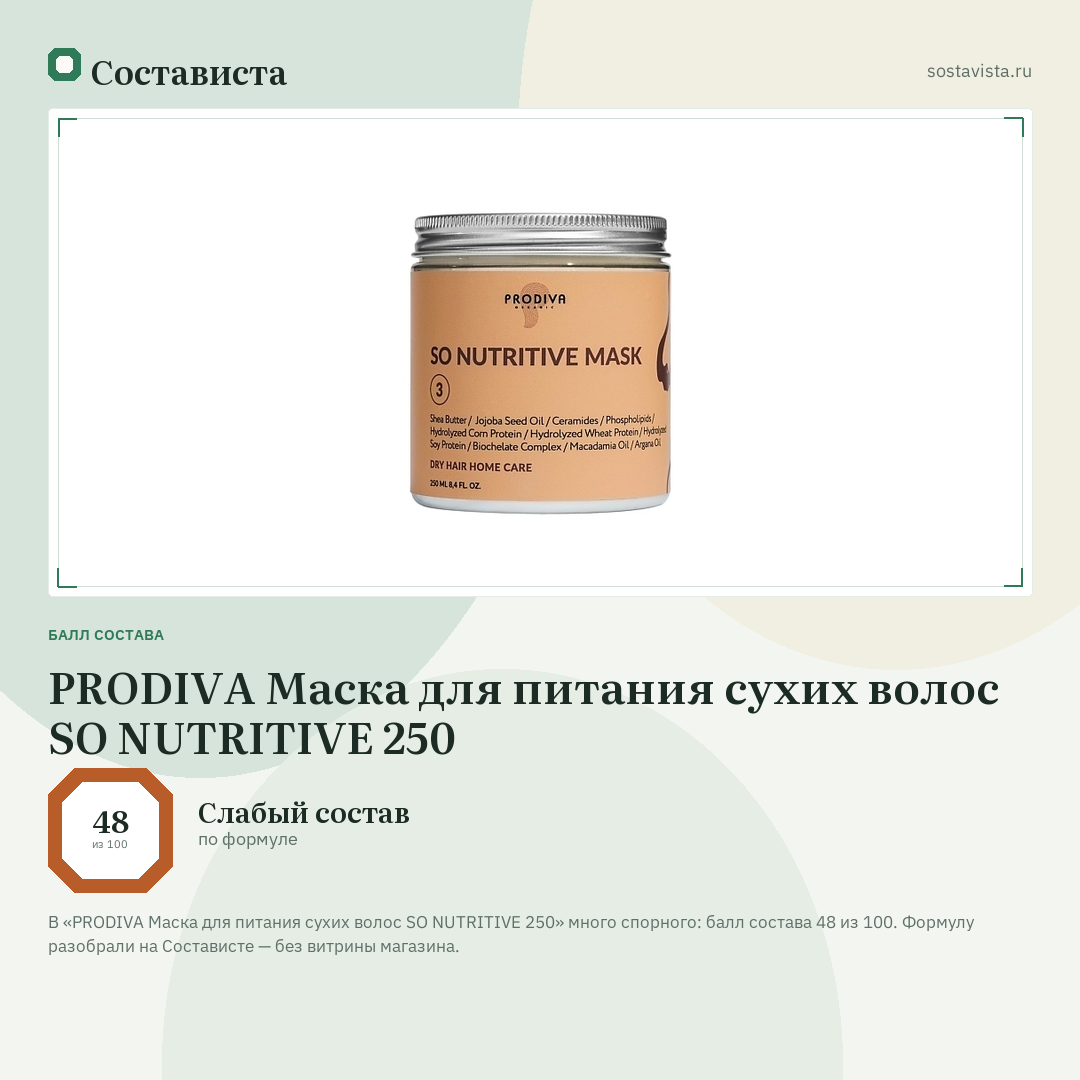 PRODIVA Маска для питания сухих волос SO NUTRITIVE 250: балл состава 48 из 100 — Состависта