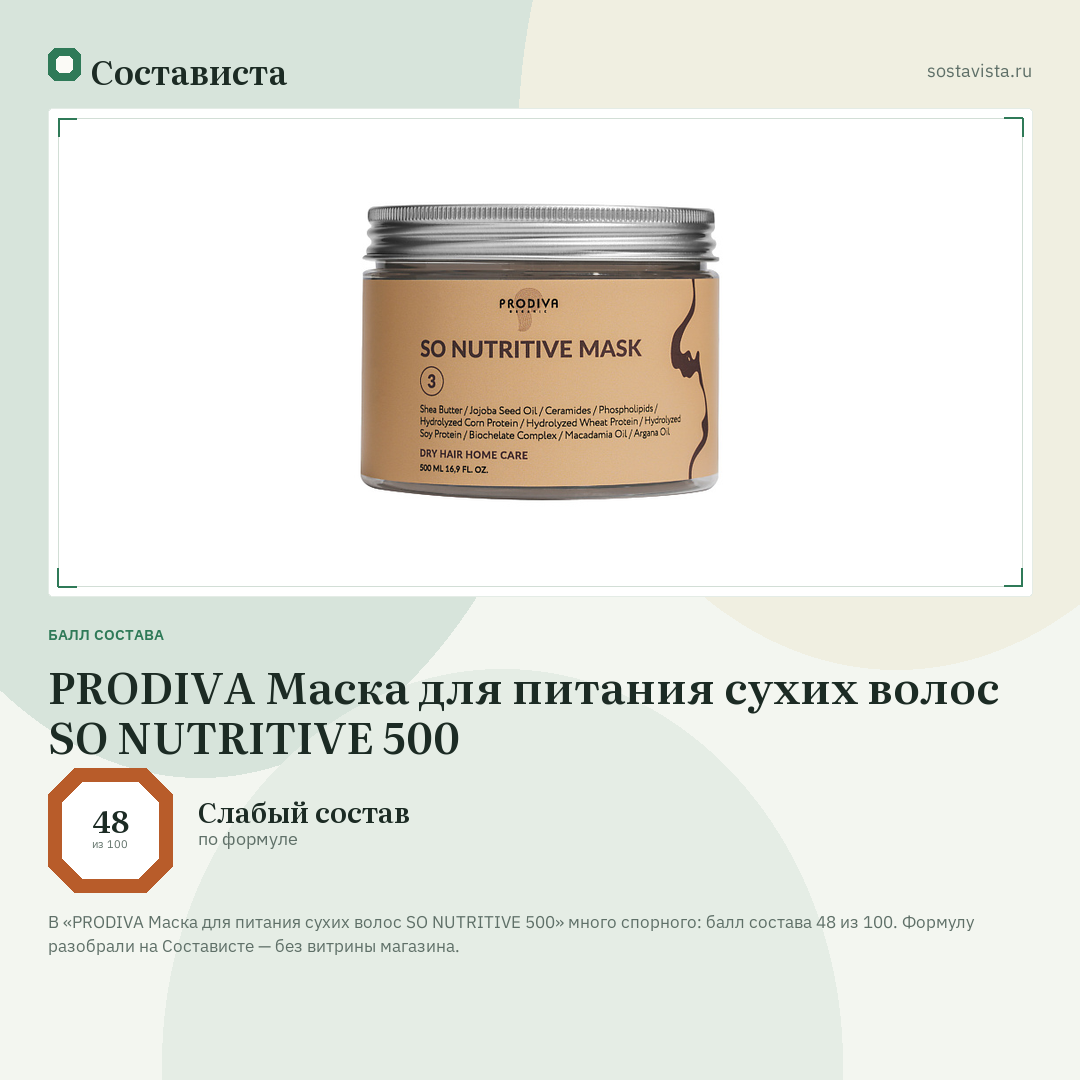 PRODIVA Маска для питания сухих волос SO NUTRITIVE 500: балл состава 48 из 100 — Состависта