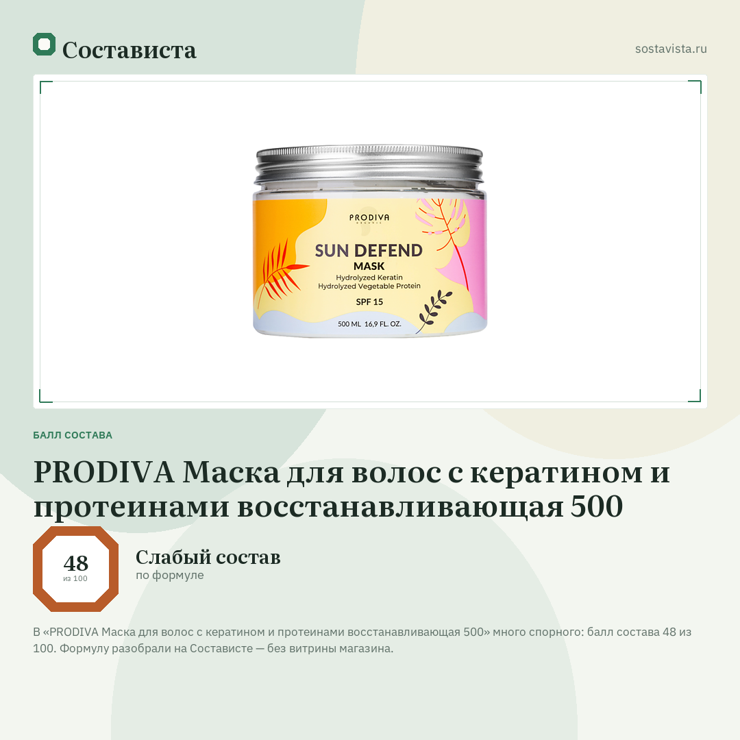 PRODIVA Маска для волос с кератином и протеинами восстанавливающая 500: балл состава 48 из 100 — Состависта