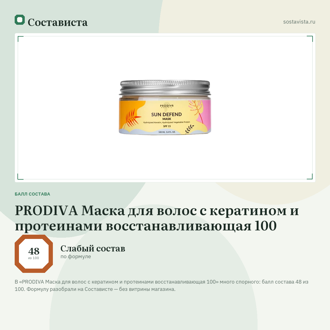 PRODIVA Маска для волос с кератином и протеинами восстанавливающая 100: балл состава 48 из 100 — Состависта