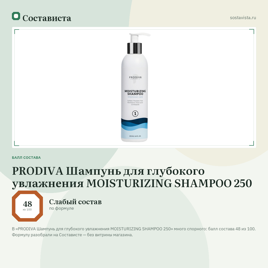 PRODIVA Шампунь для глубокого увлажнения MOISTURIZING SHAMPOO 250: балл состава 48 из 100 — Состависта