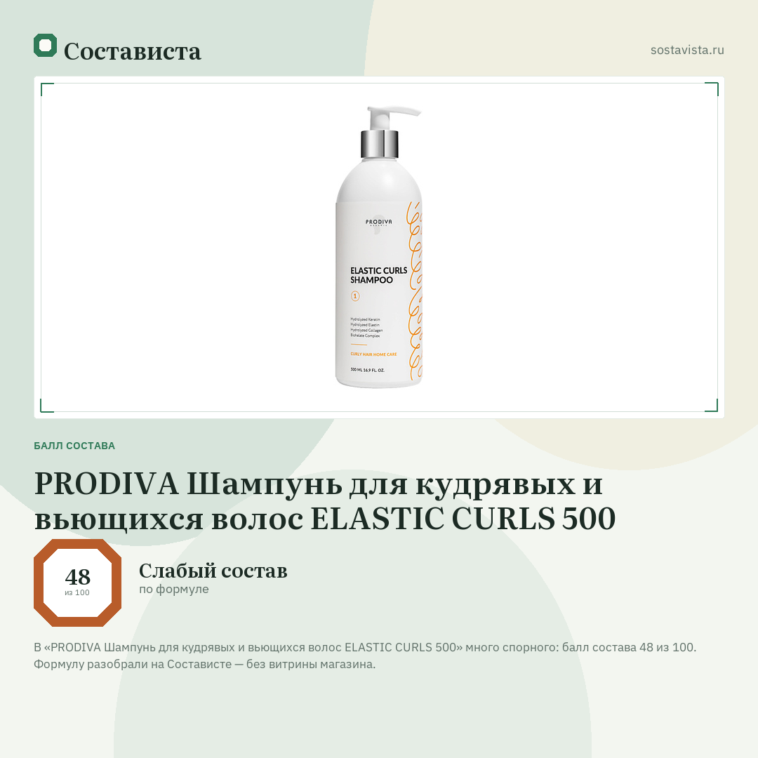 PRODIVA Шампунь для кудрявых и вьющихся волос ELASTIC CURLS 500: балл состава 48 из 100 — Состависта