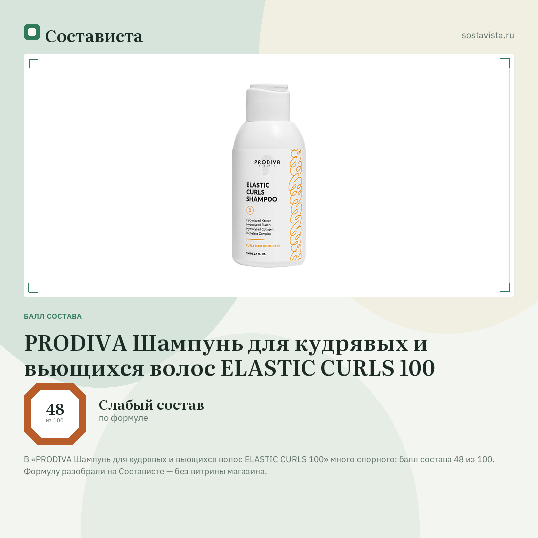 PRODIVA Шампунь для кудрявых и вьющихся волос ELASTIC CURLS 100: балл состава 48 из 100 — Состависта