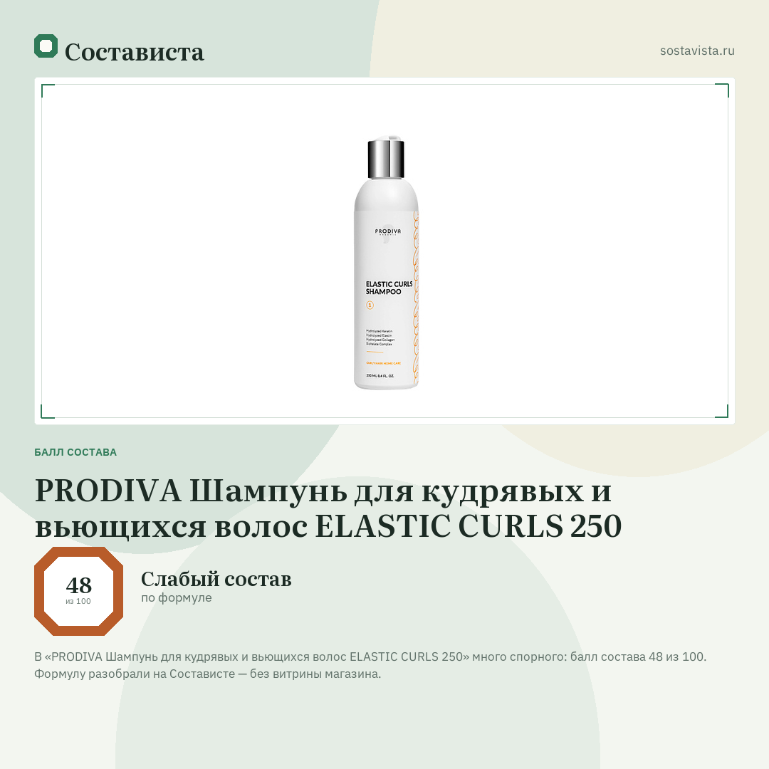 PRODIVA Шампунь для кудрявых и вьющихся волос ELASTIC CURLS 250: балл состава 48 из 100 — Состависта
