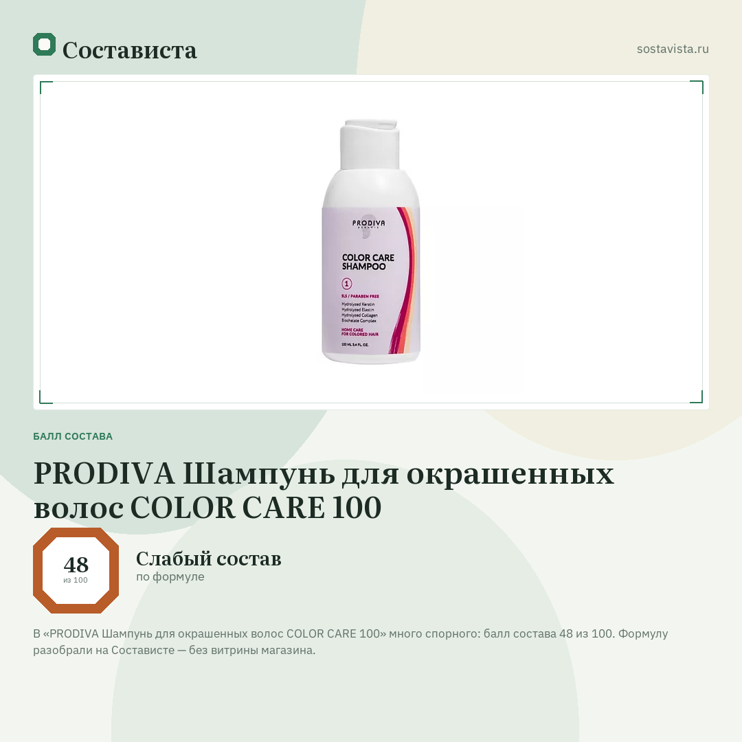 PRODIVA Шампунь для окрашенных волос COLOR CARE 100: балл состава 48 из 100 — Состависта