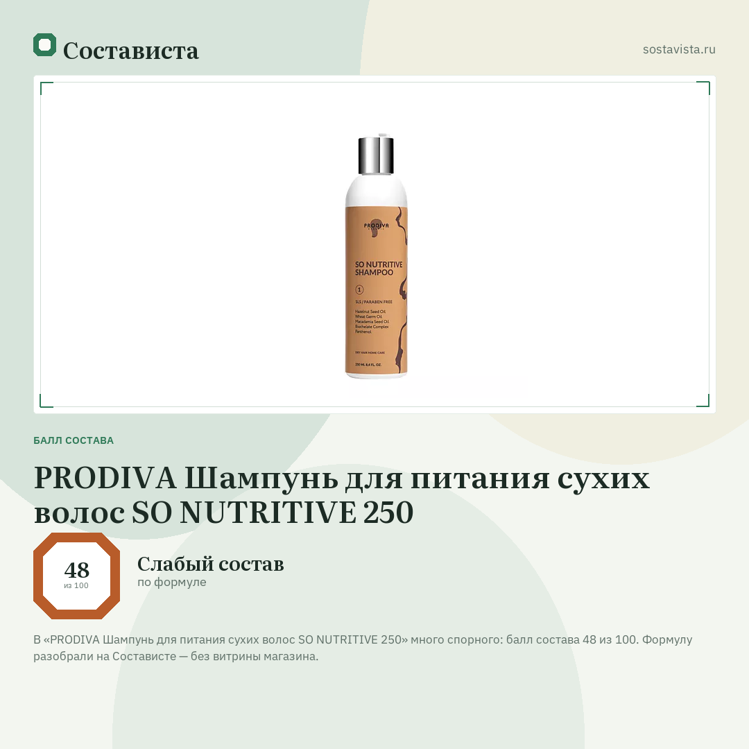 PRODIVA Шампунь для питания сухих волос SO NUTRITIVE 250: балл состава 48 из 100 — Состависта