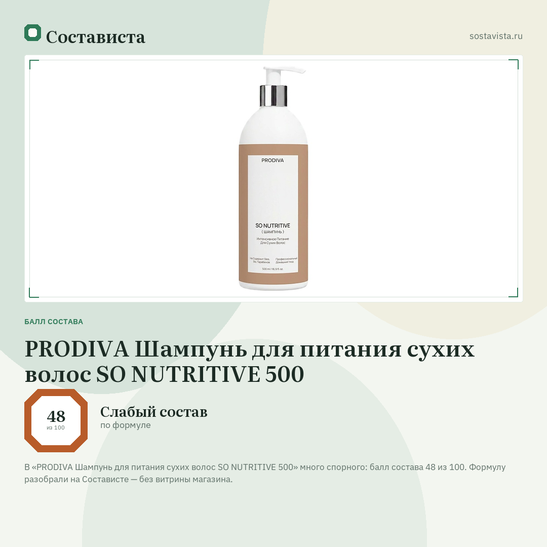 PRODIVA Шампунь для питания сухих волос SO NUTRITIVE 500: балл состава 48 из 100 — Состависта