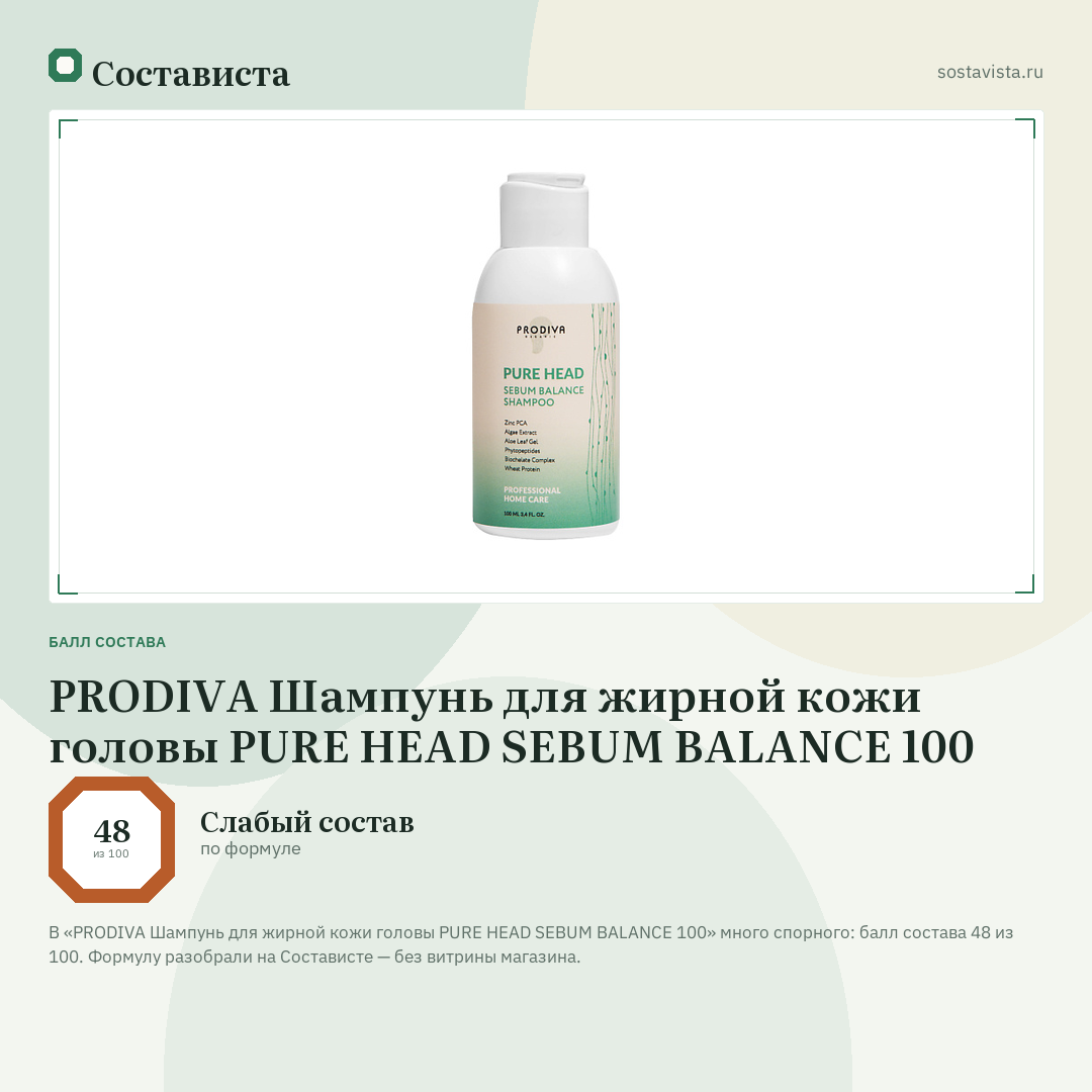 PRODIVA Шампунь для жирной кожи головы PURE HEAD SEBUM BALANCE 100: балл состава 48 из 100 — Состависта