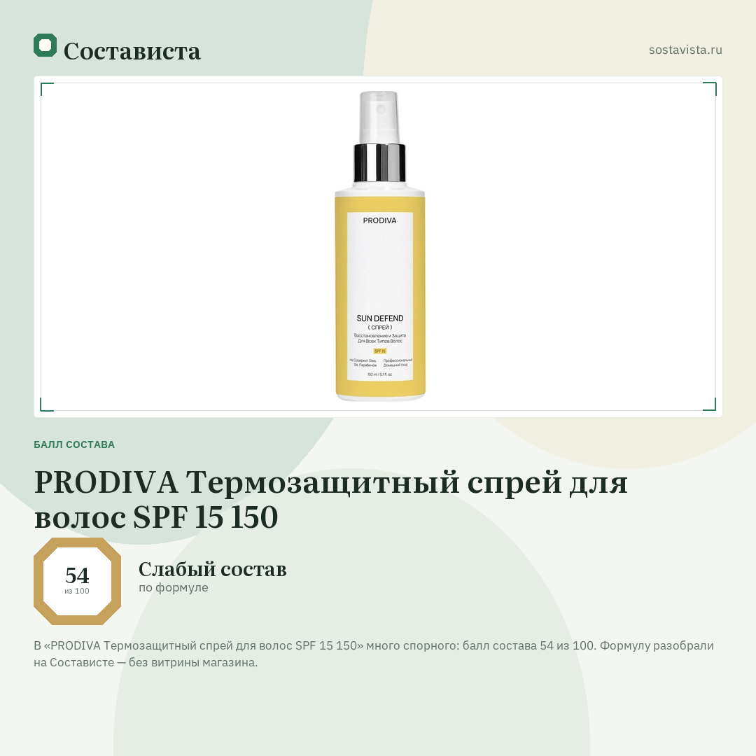 PRODIVA Термозащитный спрей для волос SPF 15 150: балл состава 54 из 100 — Состависта